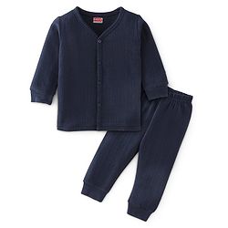 Babyhug Full Sleeves Solid Thermal Vest & Pajama Set - Dark Navy