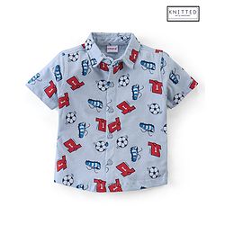 Babyhug Half Sleeve 100% Cotton Knitted Football Printed Shirt - Blue