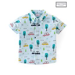 Babyhug Cotton Knit Half Sleeves Regular Collar Shirt Car Print- Blue