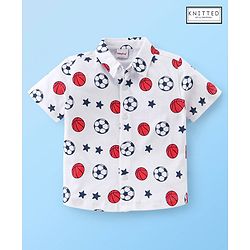 Babyhug 100% Cotton Knitted Half Sleeves Shirt Football Print - White