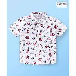 Babyhug 100% Cotton Knitted Half Sleeves Shirt Boat Print - White