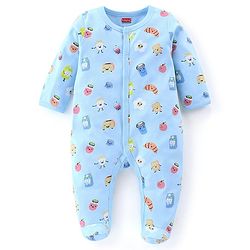 Babyhug Cotton Knit Full Sleeves Footed Sleepsuit Food Print - Light Blue