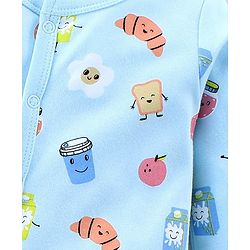 Babyhug Cotton Knit Full Sleeves Footed Sleepsuit Food Print - Light Blue