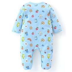 Babyhug Cotton Knit Full Sleeves Footed Sleepsuit Food Print - Light Blue