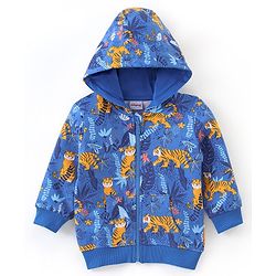 Babyhug Cotton Full Sleeves Hooded Sweat Jacket Tiger Print-  Blue