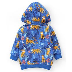 Babyhug Cotton Full Sleeves Hooded Sweat Jacket Tiger Print-  Blue