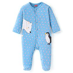 Babyhug Cotton Knit Full Sleeves Sleep Suits With Star & Polar Bear Print - Blue