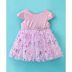 Babyhug Cap Sleeves Foil Printed Flared Party Frock - Pink & White