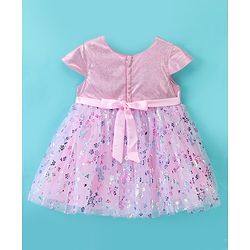 Babyhug Cap Sleeves Foil Printed Flared Party Frock - Pink & White