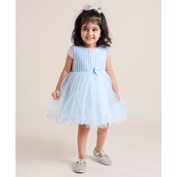Babyhug Sleeveless   Party Frock With Mesh & Bow Applique - Frozen Blue