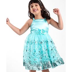 Babyhug Sleeveless Party Frock With Floral Applique & Sequine Detailing - Green