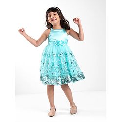 Babyhug Sleeveless Party Frock With Floral Applique & Sequine Detailing - Green