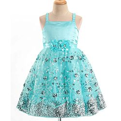 Babyhug Sleeveless Party Frock With Floral Applique & Sequine Detailing - Green