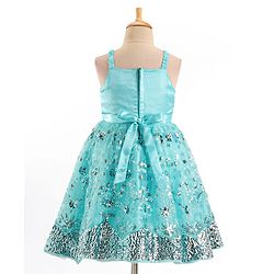 Babyhug Sleeveless Party Frock With Floral Applique & Sequine Detailing - Green