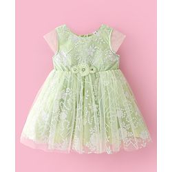 Babyhug Cap Sleeves Frock with Floral Glitter Print & Applique - Mint Green