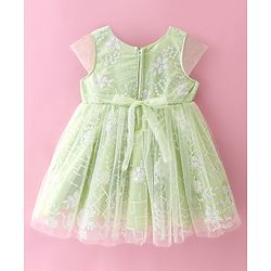 Babyhug Cap Sleeves Frock with Floral Glitter Print & Applique - Mint Green