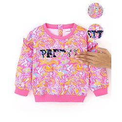 Babyhug Cotton Full Sleeves Drop Shoulder Printed Sweatshirt With Sequins & Frill Detailing- Pink