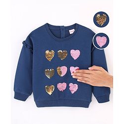 Babyhug Cotton Knit Full Sleeves Drop Shoulder Sweatshirt with Sequins & Frill Detailing - Navy Blue