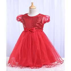 Babyhug Balloon Sleeves Sequin Yoke Party Frock - Red