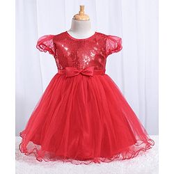 Babyhug Balloon Sleeves Sequin Yoke Party Frock - Red