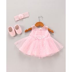 Babyhug Woven Sleeveless Party Dress with Headband & Booties Floral Applique Mesh Detailing - Pink
