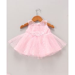 Babyhug Woven Sleeveless Party Dress with Headband & Booties Floral Applique Mesh Detailing - Pink