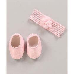 Babyhug Woven Sleeveless Party Dress with Headband & Booties Floral Applique Mesh Detailing - Pink