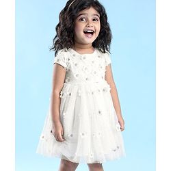 Babyhug Cap Sleeves Floral 3 D Applique Party Frock - White