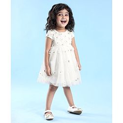 Babyhug Cap Sleeves Floral 3 D Applique Party Frock - White