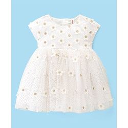 Babyhug Cap Sleeves Floral 3 D Applique Party Frock - White