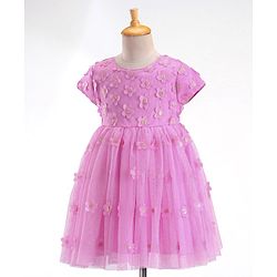 Babyhug Woven Half Sleeves Party Frock with Floral Applique - Lavender