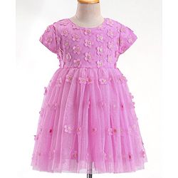 Babyhug Woven Half Sleeves Party Frock with Floral Applique - Lavender
