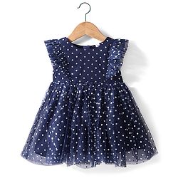Babyhug Sleeveless Party Frock Polka Dots Foil Printed - Navy Blue