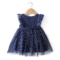 Babyhug Sleeveless Party Frock Polka Dots Foil Printed - Navy Blue