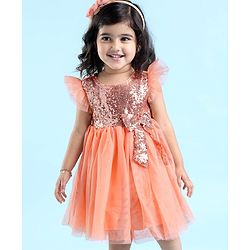 Babyhug Flutter Sleeves Sequinned Party Frock with Bow Applique - Peach