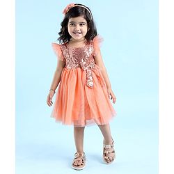 Babyhug Flutter Sleeves Sequinned Party Frock with Bow Applique - Peach