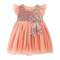 Babyhug Flutter Sleeves Sequinned Party Frock with Bow Applique - Peach