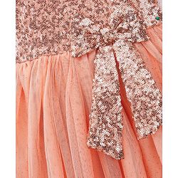 Babyhug Flutter Sleeves Sequinned Party Frock with Bow Applique - Peach
