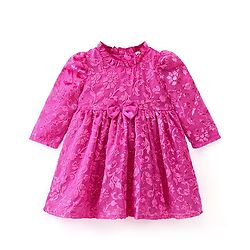 Babyhug Full Sleeves Textured Fabric Party Frock with Bow Applique  - Fuchsia