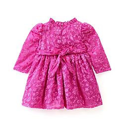 Babyhug Full Sleeves Textured Fabric Party Frock with Bow Applique  - Fuchsia
