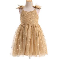 Babyhug Woven Sleeveless Party Frock With All Over Stick Ons - Beige