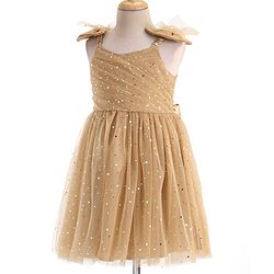 Babyhug Woven Sleeveless Party Frock With All Over Stick Ons - Beige