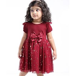 Babyhug Woven Half Sleeves Party Frock With Bow Applique & Over Foil Print - Maroon