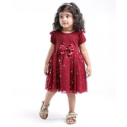 Babyhug Woven Half Sleeves Party Frock With Bow Applique & Over Foil Print - Maroon