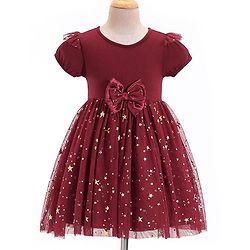 Babyhug Woven Half Sleeves Party Frock With Bow Applique & Over Foil Print - Maroon