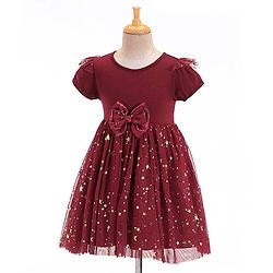 Babyhug Woven Half Sleeves Party Frock With Bow Applique & Over Foil Print - Maroon