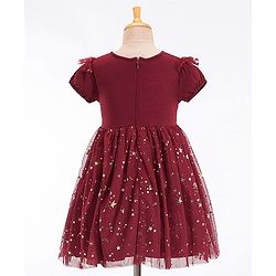 Babyhug Woven Half Sleeves Party Frock With Bow Applique & Over Foil Print - Maroon