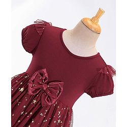Babyhug Woven Half Sleeves Party Frock With Bow Applique & Over Foil Print - Maroon