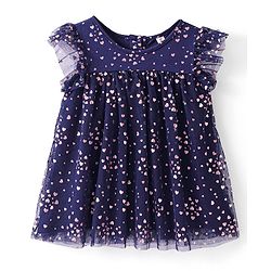 Babyhug Sleeveless All Over Foil Printed Mesh Party Dress - Navy Blue