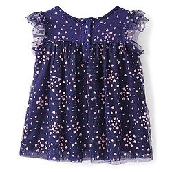 Babyhug Sleeveless All Over Foil Printed Mesh Party Dress - Navy Blue